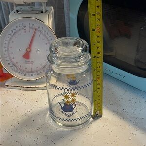 Glass Jar with Blue and Yellow Teapot Design